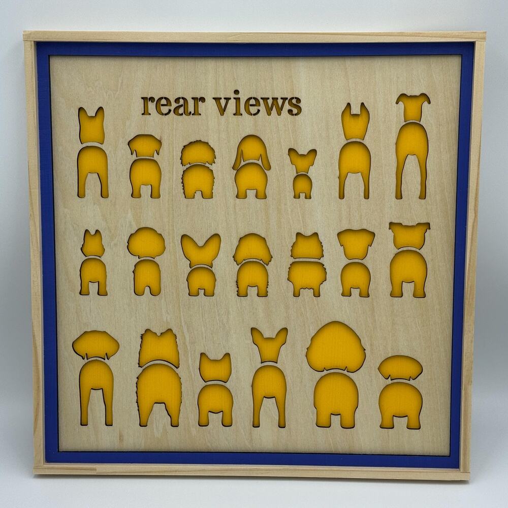 Rear Views Dogs Behinds Layered Wood Pastel Wall Art Blue & Yellow - Engraved -